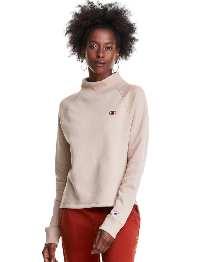 Champion Womens Sweatshirt NZ - Powerblend Fleece Mock Neck Embroidered Logo Cream ( 2369-CRAXK )